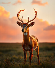 Naklejka premium A glowing deer in a serene, magical meadow.