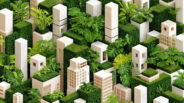 scenery with cubes and triangular shapes emerging from foliage