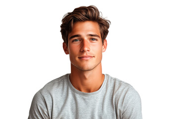 Fototapeta premium Portrait of smiling handsome man in gray t-shirt isolated on transparent background