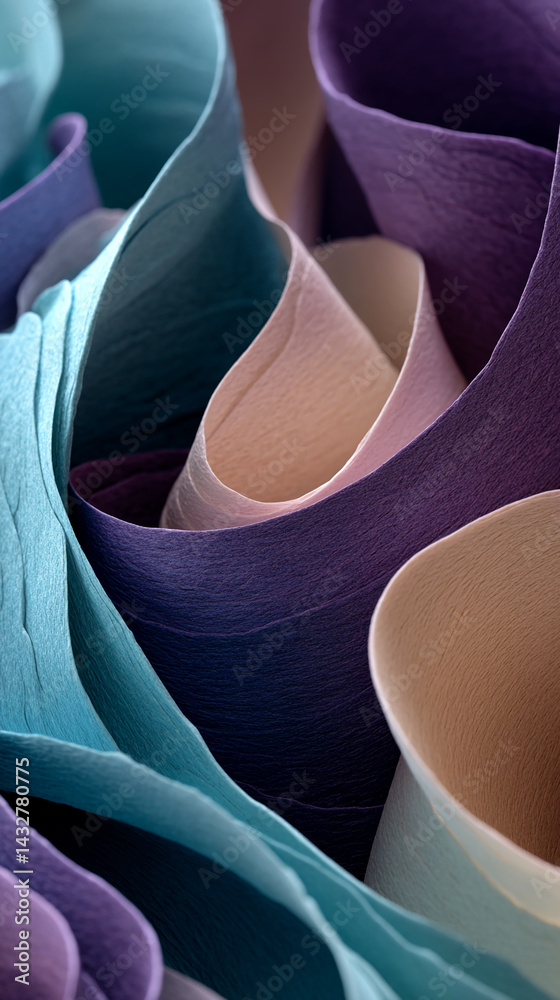 Poster abstract image of textured paper swirls in teal, purple, and beige shades creating a flowing, dynami
