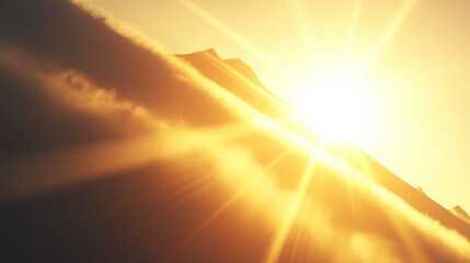 A breathtaking sunrise over mountains, casting golden rays through clouds and illuminating the landscape with warm light.