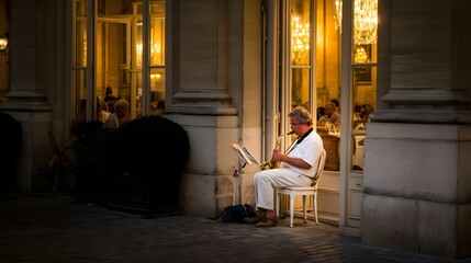 playing saxophone in glowing alley corner