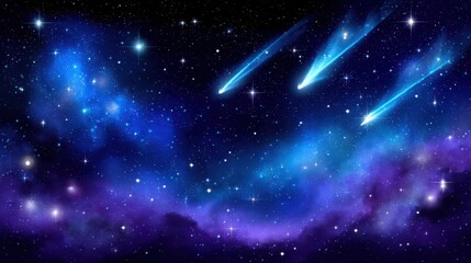 Fototapeta premium A stunning cosmic scene featuring vibrant blue and purple colors, with shooting stars traversing a starry night sky.