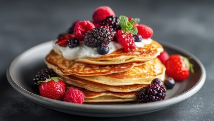 Stack of fluffy pancakes topped with fresh berries and yogurt.