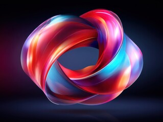 A vibrant abstract design featuring intertwined shapes in vivid colors against a dark background, creating a sense of fluidity and movement.