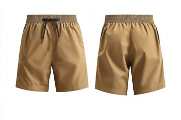 Front and back views of tan athletic shorts featuring a drawstring waist, suitable for workouts or casual wear. Versatile and simple.