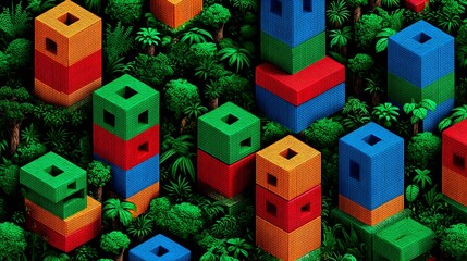 geometric shapes emerging from the jungle's dense greenery