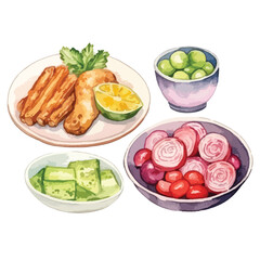 Christmas dinner with turkey and sides cute watercolors illustration on white background