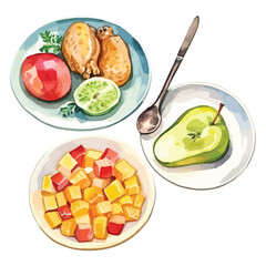 Christmas dinner with turkey and sides cute watercolors illustration on white background
