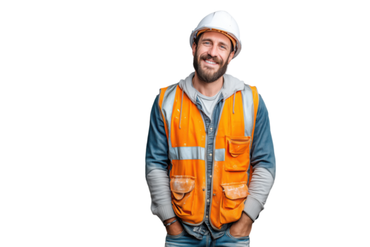 Bauarbeiter mit Sicherheitsweste und Helm PNG mit transparentem Hintergrund

 - Powered by Adobe
