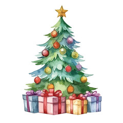 Christmas tree with gifts underneath cute watercolors illustration on white background
