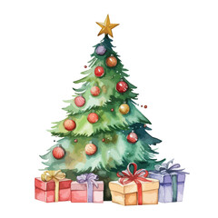 Christmas tree with gifts underneath cute watercolors illustration on white background