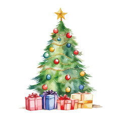 Christmas tree with gifts underneath cute watercolors illustration on white background