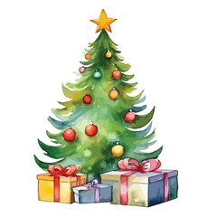 Christmas tree with gifts underneath cute watercolors illustration on white background