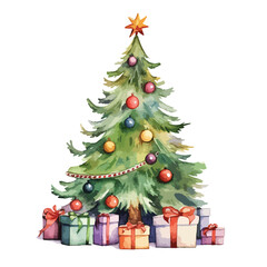 Christmas tree with gifts underneath cute watercolors illustration on white background