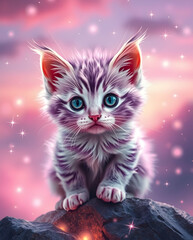 Magical kitten glowing with lilac light, soft and dreamy.