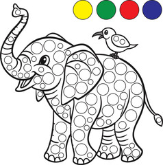 The image shows a black and white line drawing of an elephant with a bird perched on its back