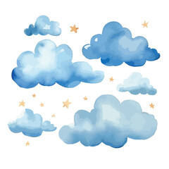 clear blue sky with fluffy white cloud cute watercolors illustration on white background