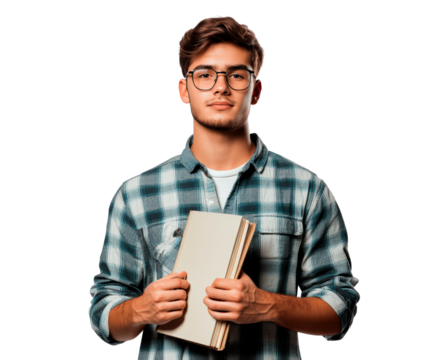 Young handsome college student holding a book isolated on transparent background