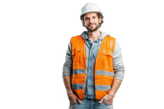 Bauarbeiter mit Sicherheitsweste und Helm PNG mit transparentem Hintergrund

