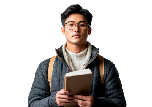 Young Asian college student holding a book isolated on transparent background