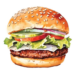 close up of a hamburger with caramelize cute watercolors illustration on white background
