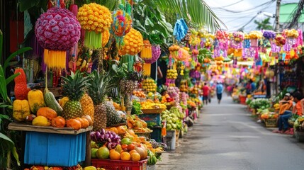 Fototapeta premium Vibrant street market overflowing with colorful fruits and decorations