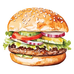 close up of a hamburger with caramelize cute watercolors illustration on white background