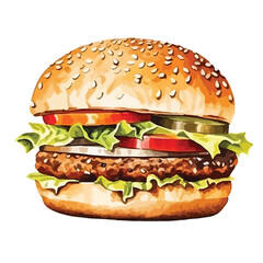close up of a hamburger with caramelize cute watercolors illustration on white background