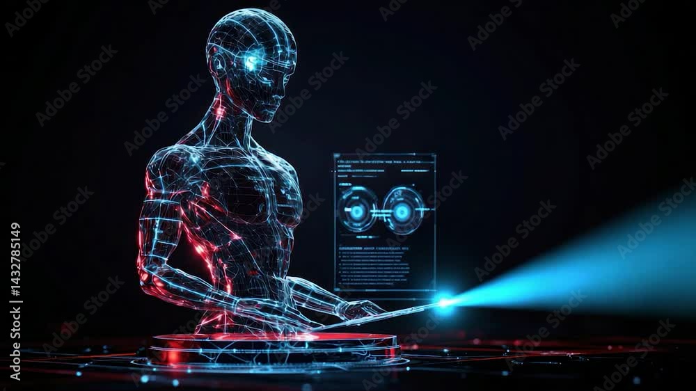 Poster futuristic robot reviewing digital data.