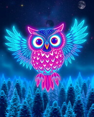 Obraz premium A glowing owl radiates mystical beauty under stars.