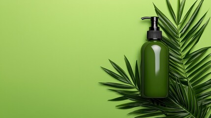 Green cosmetic bottle with pump dispenser on a light green background, adorned with vibrant green palm leaves. The image evokes a sense of natural and healthy beauty products.