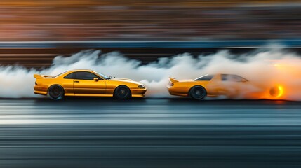 Obraz premium Golden Cars Drifting on Race Track at Dusk