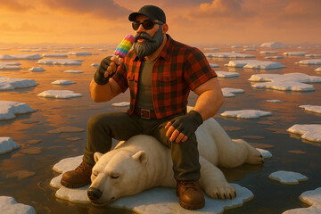 Burly man sits on polar bear eating rainbow popsicle