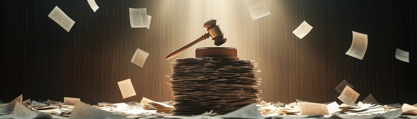 A gavel rests on a pile of legal documents, symbolizing justice and decision-making.