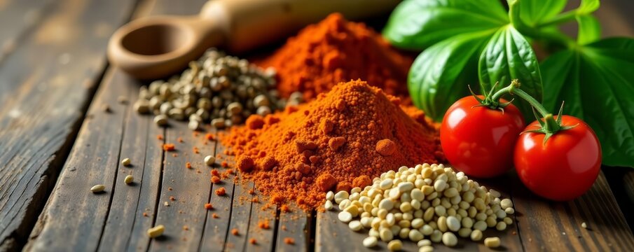 Close-up of various cooking herbs and spices on rustic wooden table, food, herbs, ingredients
