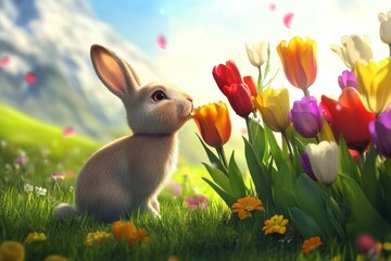 Fototapeta premium Vibrant Easter bunny among colorful tulips in sunny meadow
