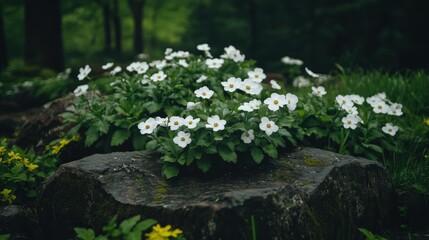 Vibrant White Flowers Blooming on a Rocky Surface in Green Nature