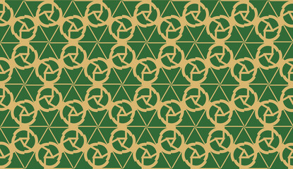 Decorative background with triangles. Curved lines. Vector illustration. Green, gold color. Bright background for poster, banner, flyer. Seamless