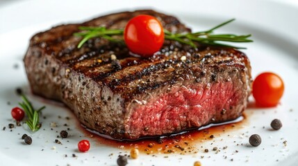 Grilled steak, rosemary, cherry tomatoes, restaurant plating