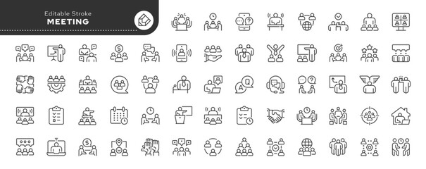 Meeting line icon set. Business meeting, conference, planning, presentation, discussion and conversation. Outline vector icon in linear style. Series of pictograms.	