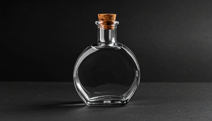 Elegant clear glass bottle with cork stopper on black background. Container for liquids. Mock-up.