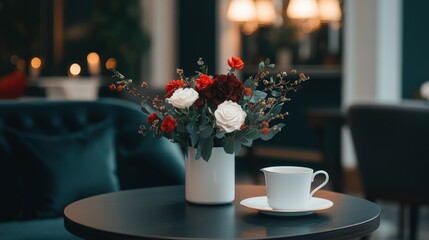 Elegant floral arrangement with a white vase and tea on a table