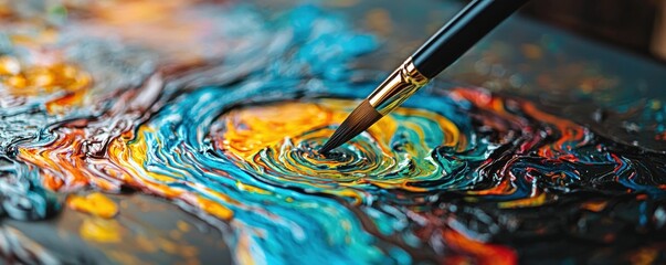Fototapeta premium A close-up of a brush applying vibrant colors on a textured canvas.