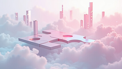 Pink Puzzle Pieces on Clouds with Background Rectangular Structures