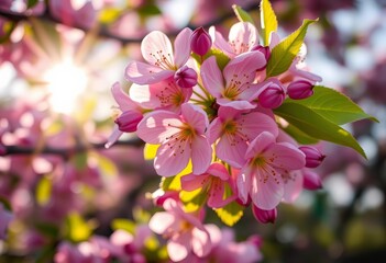 Fototapeta premium Close-up of vibrant spring blossoms on a branch, sunlight filtering through leaves, Easter, nature