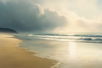 Fototapeta premium Tranquil coastal scene at dawn with dramatic skies.