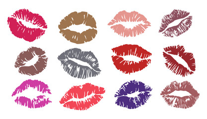 Set of Lipstick kiss prints. Red, pink, purple, wine, magenta lips. Different shapes female sexy lips. Lips makeup. Female mouth. Imprint of lips kiss illustrations isolated on transparent background.