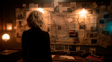 A woman with shoulder-length blonde hair stands with her back to the viewer, looking at a cluttered investigation board covered in photos, maps, and notes, illuminated by a warm overhead light in a di
