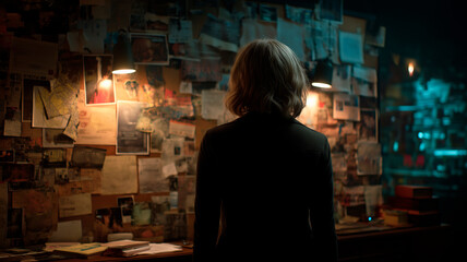 A woman with shoulder-length blonde hair stands with her back to the viewer, looking at a cluttered investigation board covered in photos, maps, and notes, illuminated by a warm overhead light in a di